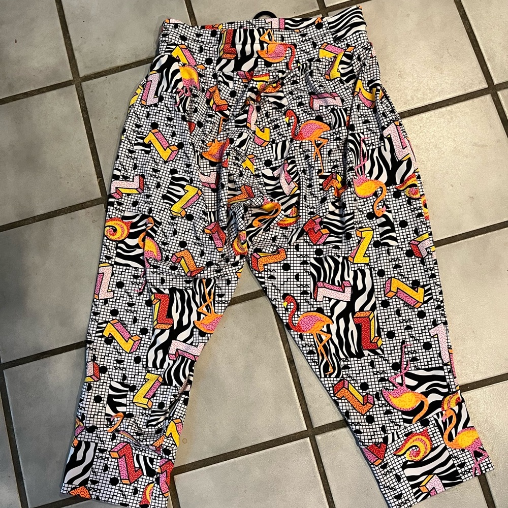 Neon flamingo Zumba pants.